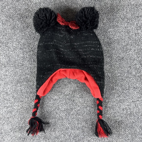 Disney Other - Disney Minnie Mouse Ears Knit Hat Black Red Glitter Bow Tassle Warm Girls 4 WDW